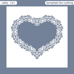 Laser cut wedding invitation card template.  Cut out the paper card with lace pattern.  Greeting card template for cutting plotter. Frame in the shape of a heart. Photo frame are laser cut. Vector.