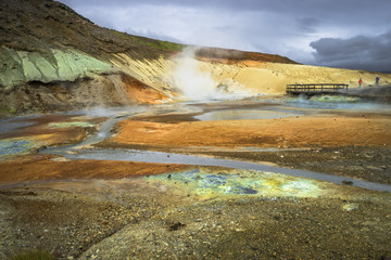 Geothermal area with hot springs on Iceland, summer