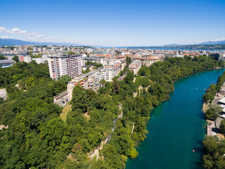 Fototapeta premium Aerial view of Arve an Rhone river confluent in Geneva Switzerl