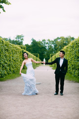 Bride and groom on their wedding day outdoors