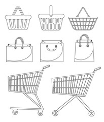 Shopping bag, basket, trolley, cart. Icon set, doodle, line, sketch style. Purchase supermarket Isolated on white background Vector illustration