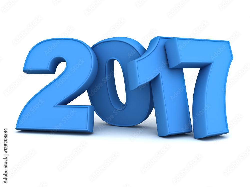 Poster Happy new year 2017 3D blue text isolated over white background with reflection and shadow 3D rendering