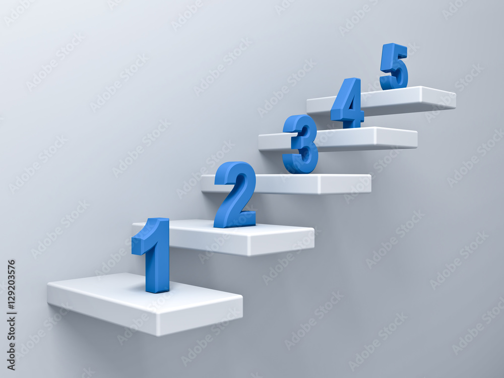 Leinwandbilder Abstract stairs or steps concept on white wall background with blue number from one to five 3D rendering