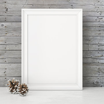 Vertical interior mock up with snowy pine cones on empty wooden wall background. 3D rendering.