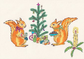 Hand drawn illustration with a Christmas motif (candlestick, two squirrels and Christmas tree) - scan