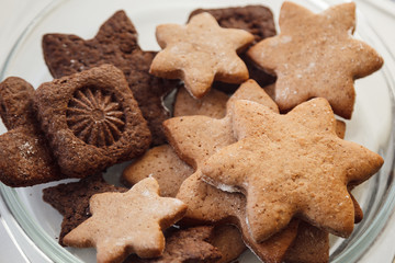 Clear christmas gingerbread cookies without decor. Top view.