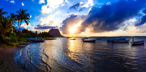 Serene tropical sunset. Mauritius island, view of Le Morne mountain