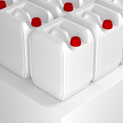 White plastic canister jerrycans with red cap, 3d rendering