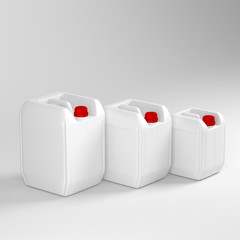 Three White plastic canister jerrycan in different sizes, 3d rendering - obrazy, fototapety, plakaty
