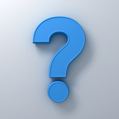 Blue question mark on white background abstract with shadow 3D rendering
