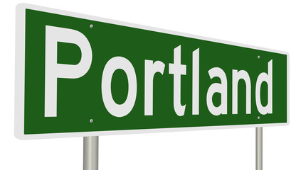 A 3d rendering of a green highway sign for Portland