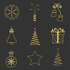 new year set of elements; Christmas logo; gold glitter; Black background; sign; emblem; symbol; vector illustration;