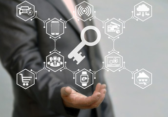 Internet of things key open start smart home network security protection businessman communication online smartphone cyber web credit card. Internet concept, technology. Connection, insurance, support