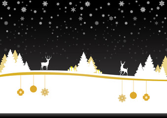 christmas card with trees, gifts, snowflakes and reindeers on black background - obrazy, fototapety, plakaty