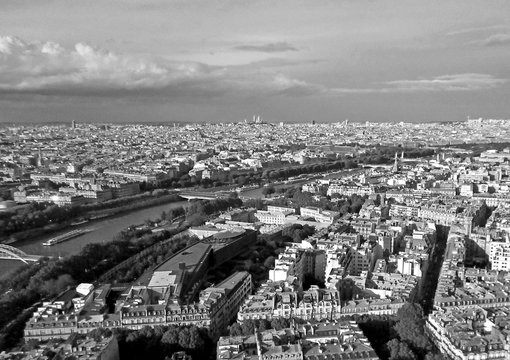 Aerial view from the Eiffel tower, Spring day in Paris, France, Black-and-white photo