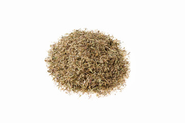 dry chopped herbs of thyme on a white background