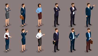 People Isometric 3D, isometric businessmen and business woman business clothes human movement. Concept isolated on a dark background of a noble