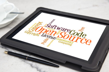 tablet with open source software word cloud
