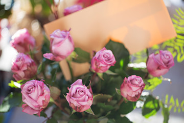 bouquet of pink roses with letter on natural background