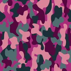 Camouflage seamless pattern in a pink, crimson and grey colors.