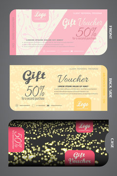 Stylish gift voucher with case vector illustration to increase sales on pink, yellow and black background.