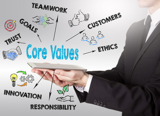 Core Values concept, young man holding a tablet computer