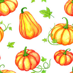 seamless pattern with watercolor orange pumpkins
