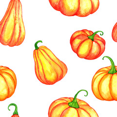 seamless pattern with watercolor orange pumpkins
