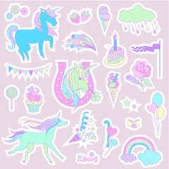 Blue unicorns with candy, flag and fireworks on a beige background.