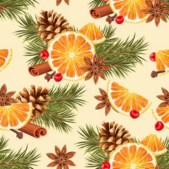 Zelfklevend Fotobehang Kerstmis motieven Naadloze sinaasappel en kruiden