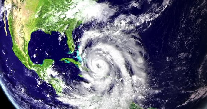 Hurricane above Haiti and Cuba, approaching Florida, USA, satellite view. 3D animation. Elements of this image furnished by NASA.