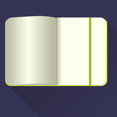 Open notebook on blue background. Icon of flat style.