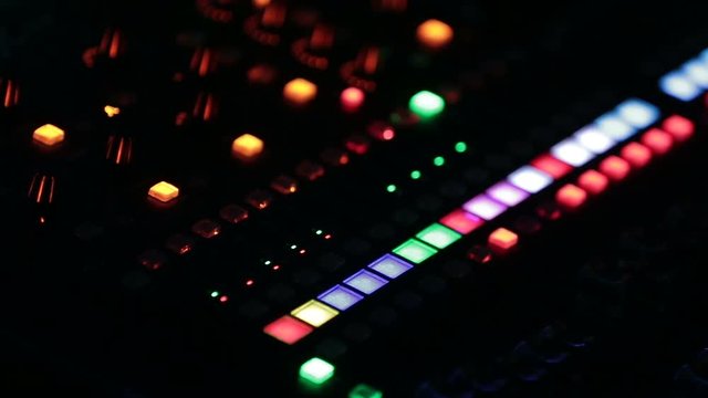 Music mixer desk table in recording studio.