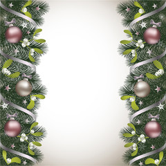 Christmas background with fir branch and mistletoe border