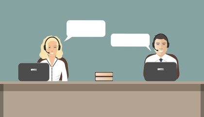 Call center concept. Young woman and a man in headsets sitting at the table. It can be used as a banner for websites. Vector illustration