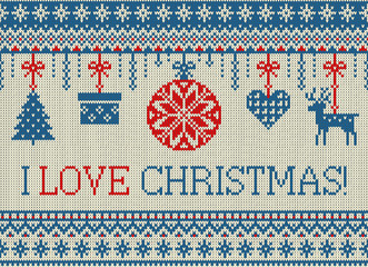Merry Christmas and New Year seamless knitted pattern with Christmas balls, snowflakes and fir. Scandinavian style. Winter Holiday Sweater Design. Vector Illustration.