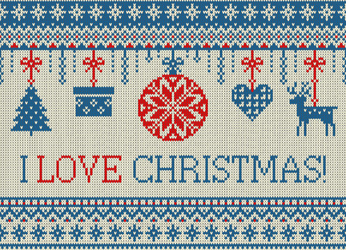 Merry Christmas and New Year seamless knitted pattern with Christmas balls, snowflakes and fir. Scandinavian style. Winter Holiday Sweater Design. Vector Illustration.