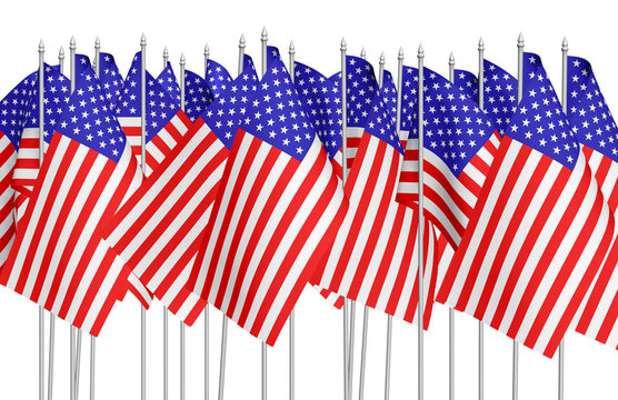 Many small american flags in row isolated on white