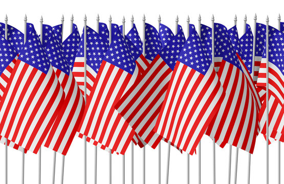 Many small american flags in row isolated seamless