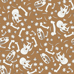 Abstract paleontologic seamless background pattern with dinosaurs skulls and bones, tyrannosaurus and triceratops . Vector illustration texture for your design, wallpaper.  © otapunk