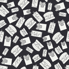 Abstract seamless background pattern in hipster style with fastfood elements - french fries, burger, drink. Vector illustration texture for your design, wallpaper. 