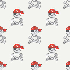 Seamless color flat line pattern with pirate flag. Jolly Roger. Vector illustration. Elements for design. Skull and crossbones. Graphic texture for design and wallpaper. Corsair. Pirate. Halloween.