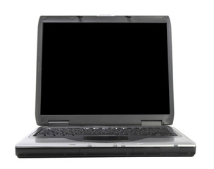 old gray laptop on white background. front view. black monitor