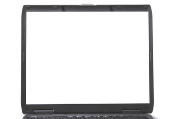 old gray laptop on white background. front view. light monitor
