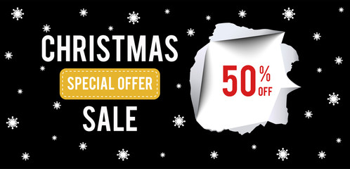 Christmas Sale banner on black background with 50 percent discount.