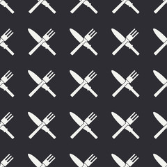 Seamless flat pattern with kitchenware icons - fork and knife. Vector illustration. Elements for design. Kitchenware collection. Graphic texture for design and wallpaper. Kitchenware pattern. Canteen.