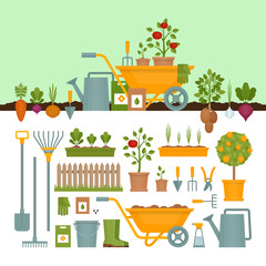 Vegetable garden. Garden tools. Banner with vegetable garden. Flat style, vector illustration. 