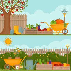 Vegetable garden. Concept of gardening. Banner with vegetable garden. Organic and healthy food.  Flat style, vector illustration. 