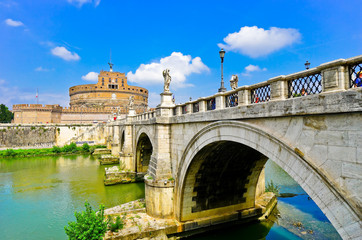 Castel Sant'Angelo and Aelian Bridge across Tiber River in Rome