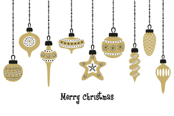 Set of golden christmas balls on the white background.